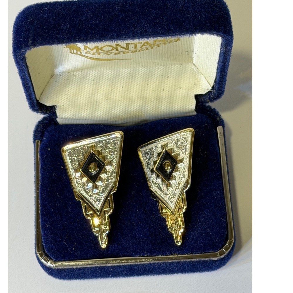 Vintage Montana Silversmiths Sunburst Shield Post Earrings Gold Silver Black Box